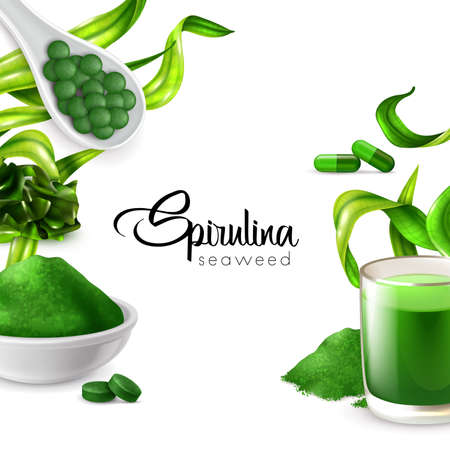 Realistic spirulina frame background with editable ornate text surrounded by water plant images and food products vector illustrationのイラスト素材