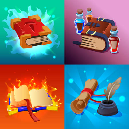 Magic book cartoon concept icons set with scrolls and potions isolated  vector illustrationのイラスト素材