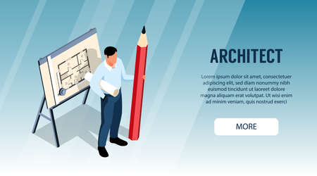 Architect horizontal banner with male character standing near drawing board and holding big pencil isometric vector illustrationのイラスト素材