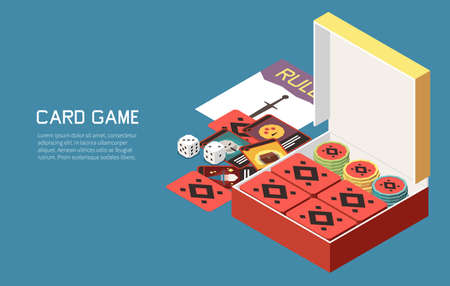 People playing board games isometric background with editable text and images of gaming set with chips vector illustrationのイラスト素材