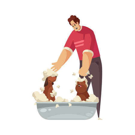 Man washing two happy dogs in basin cartoon vector illustrationのイラスト素材
