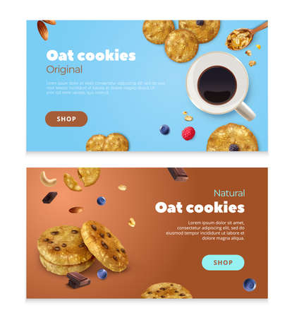 Realistic oat cookies set of two horizontal banners with food images editable text and shop button vector illustrationのイラスト素材