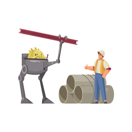 Helpful friendly alien working at construction site with human cartoon vector illustrationのイラスト素材
