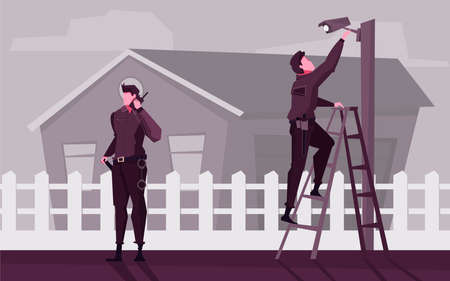 Home security flat background with guards  installing video cameras near residential building vector illustrationのイラスト素材