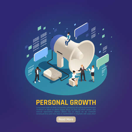 Personal growth isometric composition with big megaphone loudspeaker text messages communication symbols web page background vector illustrationのイラスト素材