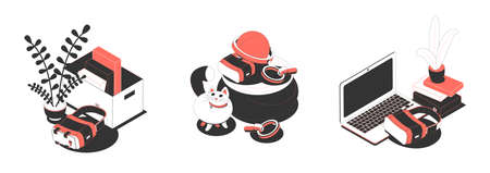 Set of three isometric compositions with vr glasses and various objects isolated on white background 3d vector illustrationのイラスト素材