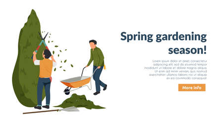 Spring gardening flat background with editable text more info button and characters of gardeners at work vector illustrationのイラスト素材