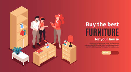Furniture store horizontal banner with advertising of best exemplars for house isometric vector illustrationのイラスト素材