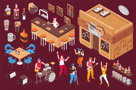 Music bar elements isometric set with bartender   pouring beer working musicians and dancing young people isolated vector illustrationのイラスト素材