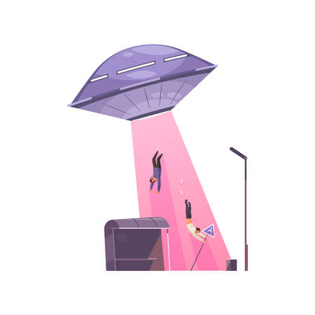 Ufo ubducting scared people with pink ray cartoon vector illustrationのイラスト素材