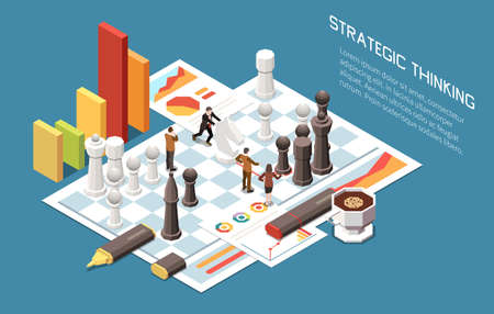 Leadership concept isometric background with chess desktop game figures and infographic signs for business growth improvement vector illustrationのイラスト素材