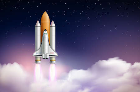 Rocket launch composition with realistic landscape above clouds with stars and space shuttle on...