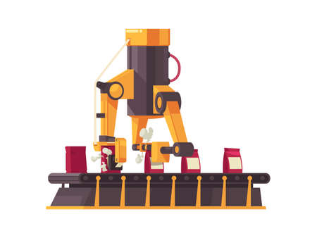 Flat automated packing machine with conveyor belt at work vector illustrationのイラスト素材