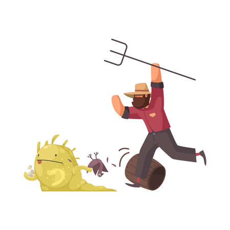 Angry farmer with hayfork chasing after alien stealing hen and eggs cartoon vector illustrationのイラスト素材