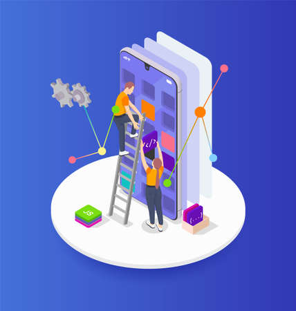 Colored programming coding development isometric with abstract programmers build algorithm vector illustrationのイラスト素材