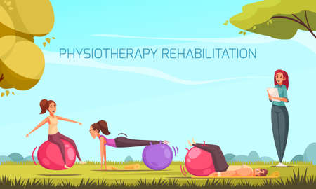 Physiotherapy rehabilitation composition with group of human characters doing physical exercises with balls and outdoor landscape vector illustrationのイラスト素材