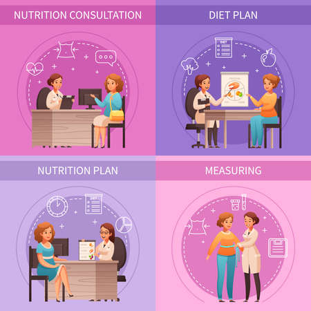 Nutritionist consultation 4 cartoon compositions with body measuring healthy lifestyle eating diet plan concept vector illustrationのイラスト素材