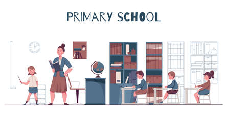 Primary junior school lesson classroom interior teacher with textbook pupils at desks flat horizontal composition vector illustrationのイラスト素材