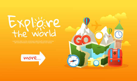 Explore the world colored horizontal banner with travel icons and more info button flat vector illustrationのイラスト素材