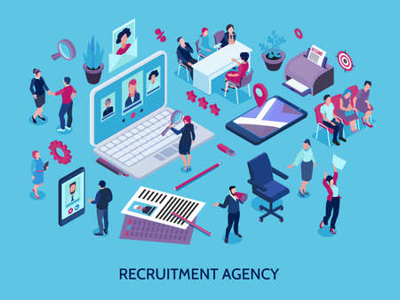 Recruitment agency concept isometric composition with online applicants search magnifier candidates selection interview employment contract vector illustrationのイラスト素材