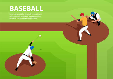 Baseball players on sports field 3d isometric horizontal vector illustrationのイラスト素材