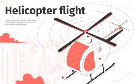 Helicopter flying above houses 3d isometric vector illustrationのイラスト素材