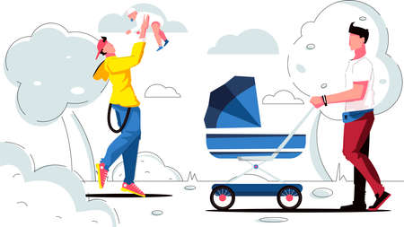 Dad pram flat composition with outdoor scenery and fathers walking with their kids with baby strollers vector illustrationのイラスト素材