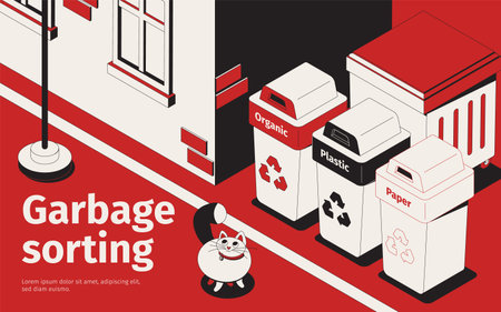 Proper recycling waste sorting garbage bins for paper plastic compost outdoor isometric red white black vector illustrationのイラスト素材