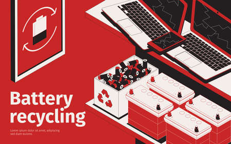 Battery recycling isometric concept with garbage containers vector illustrationのイラスト素材