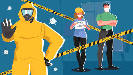 Quarantine coronavirus flat composition with human characters in masks and chemical suit with restricted area lines vector illustrationのイラスト素材