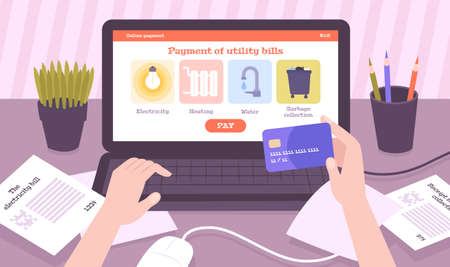 Online payment utilities flat composition with view of workspace and hands holding credit card with laptop vector illustrationのイラスト素材