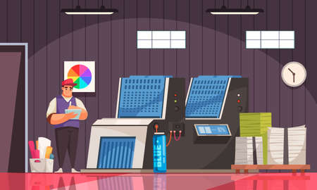 Polygraphy equipment printer printed paper stacks and worker in uniform cartoon vector illustrationのイラスト素材