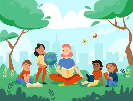 Nature study globe composition with cityscape background and park scenery with kids and teacher teaching geography vector illustrationのイラスト素材