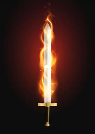 Legendary sword glowing with flame fire breathing weapon mythology supernatural power against dark background realistic vector illustrationのイラスト素材