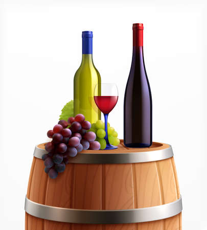 Wine on wooden barrel realistic composition with bottles glass and bunch of grapes on barrel top vector illustrationのイラスト素材