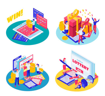 Lottery jackpot scratch cards tickets draw results winner grand prize celebration 4 circular isometric compositions vector illustrationのイラスト素材