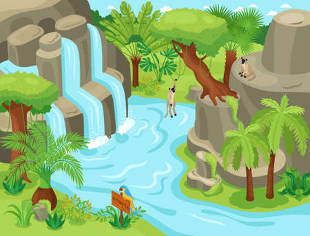 Isometric jungle animal composition with wild tropical landscape waterfall exotic trees and monkeys hanging on climbers vector illustrationのイラスト素材