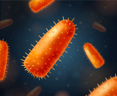 Viruses realistic composition with colourful images of similar orange hairy microbes floating in cell with particles vector illustrationのイラスト素材