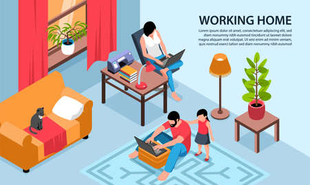 Isometric working home horizontal background composition with living room scenery and parents with laptops and text vector illustrationのイラスト素材