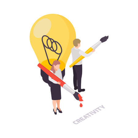 Creativity soft skills concept icon with light bulb and two characters holding brushes isometric vector illustrationのイラスト素材