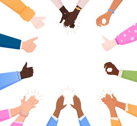 Clapping ok heart hands applause frame composition with hand gestures surrounding empty space on blank background vector illustrationのイラスト素材