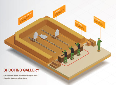Army weapons soldier isometric infographics with view of shooting range gallery and soldiers practicing dead shoots vector illustrationのイラスト素材