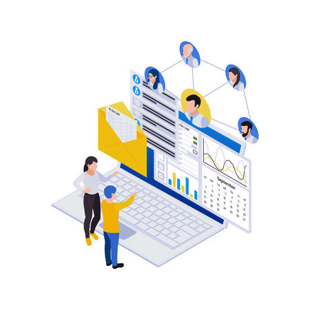 Remote management distant work isometric icons composition with laptop and avatars flowchart with people vector illustrationのイラスト素材