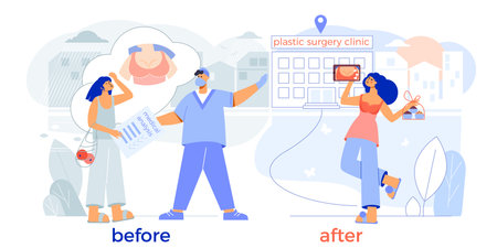 Plastic surgery breast enlargement before after flat composition with happy patient surgeon clinic entrance vector illustrationのイラスト素材