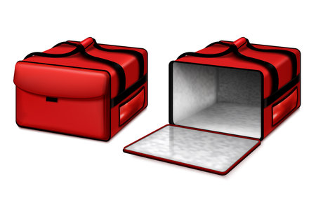 Hot food delivery courier thermal insulated pizza bag opened and closed bright red realistic set vector illustrationのイラスト素材