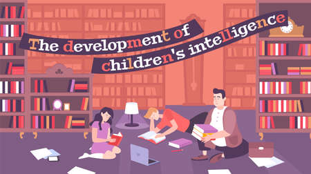 Parenting flat poster with father engaged in intellectual development of his children  vector...