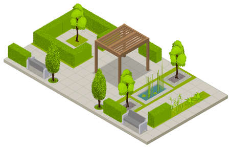 Landscape design isometric composition with view of public park place with green fence trees and terrace vector illustrationのイラスト素材