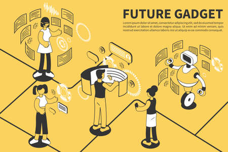 Gadget future isometric background with editable text and composition of people surrounded by flexible flying screens vector illustrationのイラスト素材