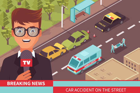 News reportage composition with flat character of reporter with microphone in front of car accident view vector illustrationのイラスト素材