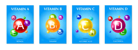 Multivitamins supplements 4 3d colorful realistic advertising posters set with essential vitamins blue background isolated vector illustrationのイラスト素材